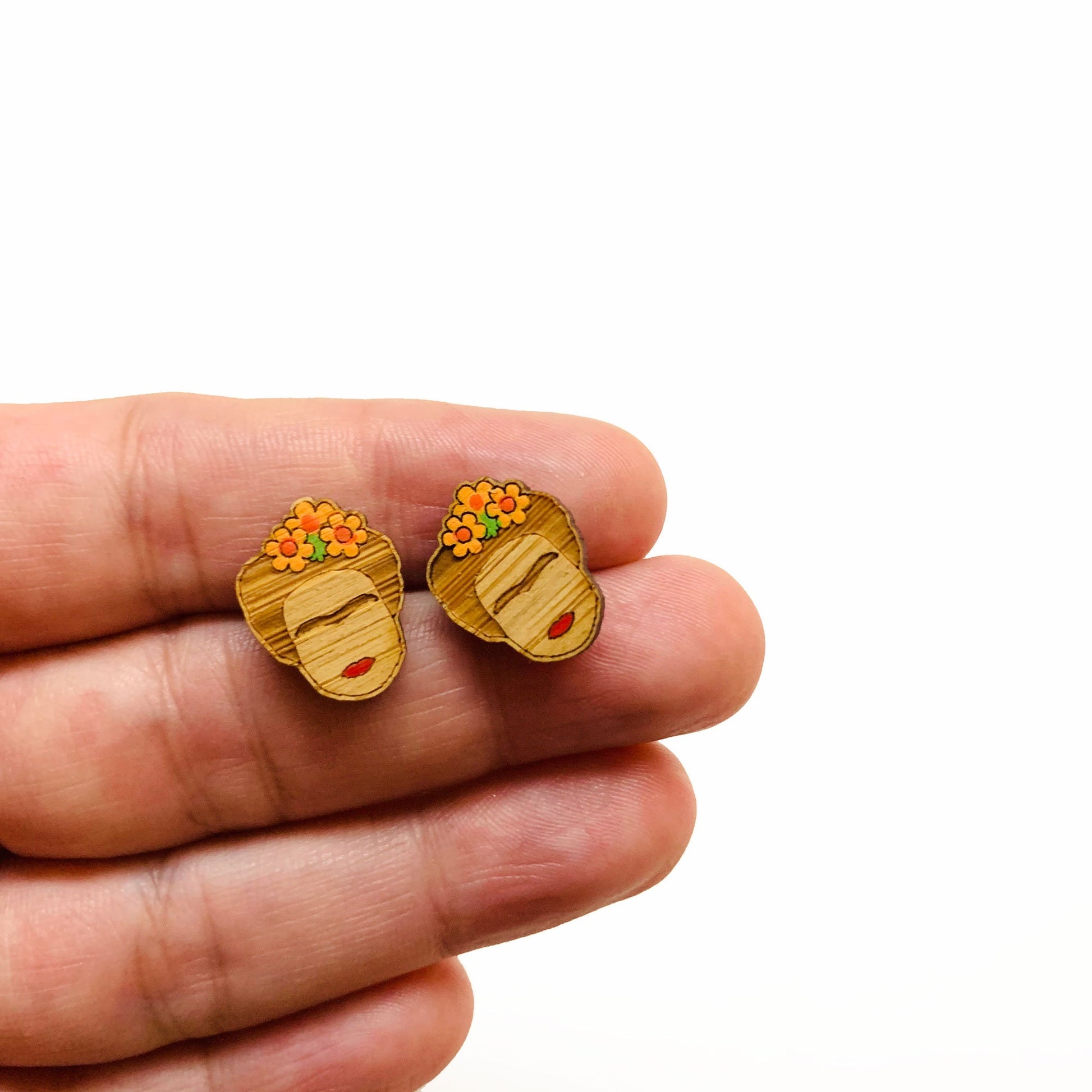 Cool Frida Earrings Stud Mini Bamboo Wood HandPainted Yellow Flowers Girls Summer Fashion Boho Minimalist Jewelry Cute Gift Idea Fridalovers