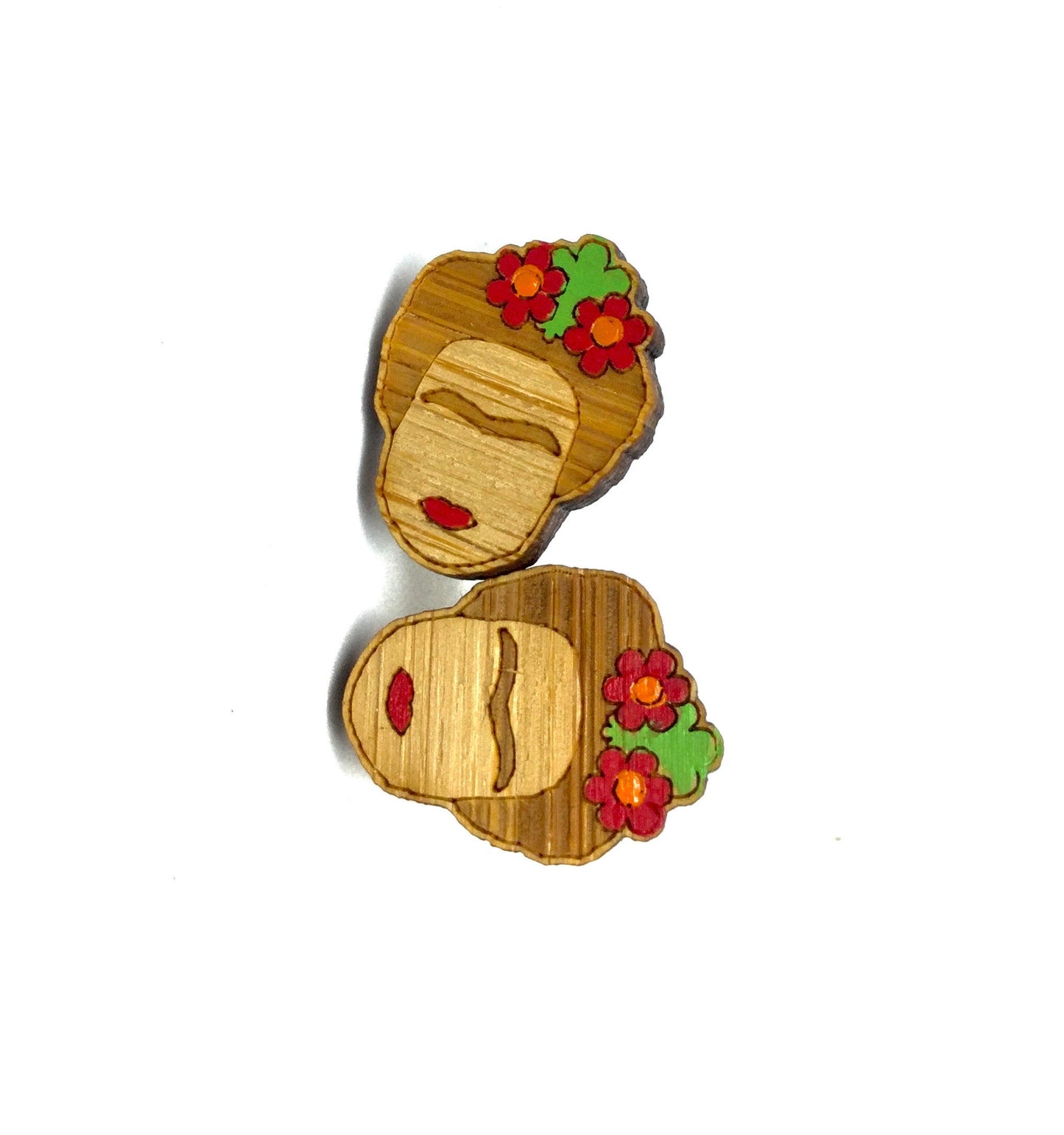Cute Frida Earrings Stud Bamboo Wood HandPainted Red Flowers Floral Jewelry Girl Summer Fashion Casual Outfit Perfect Gift Idea Fridalovers