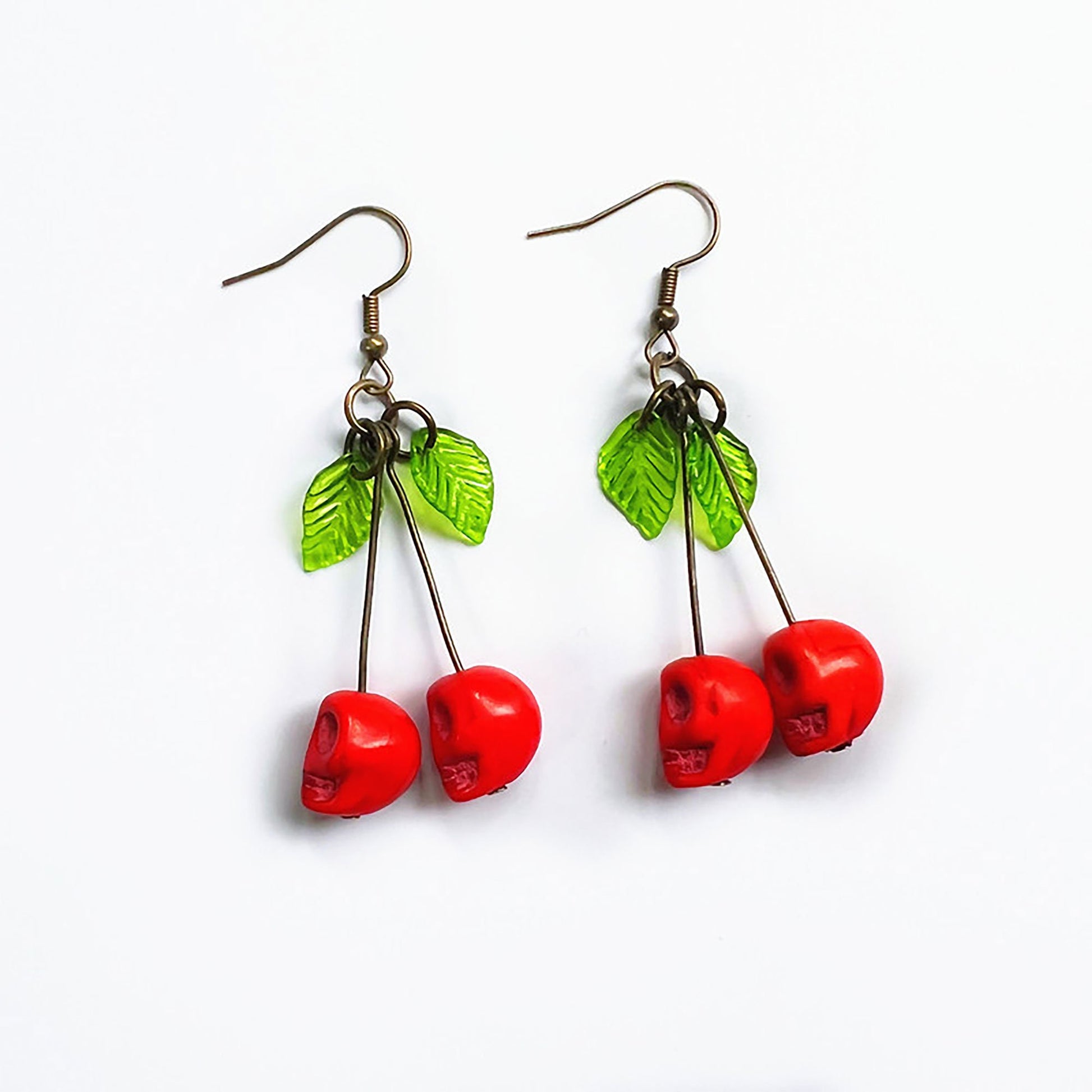 Summer Skull Earrings Red Cherry Green Leaves Dangle and Drop Ancient Bronze Earrings Women Girls Fashion Outdoor Family Friends Adventures