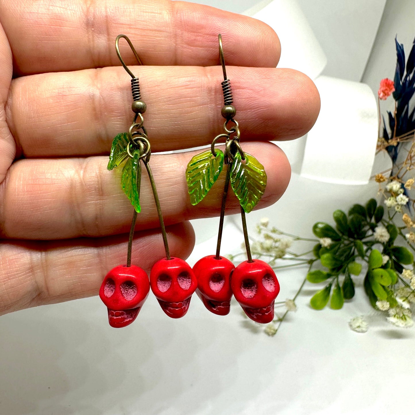 Summer Skull Earrings Red Cherry Green Leaves Dangle and Drop Ancient Bronze Earrings Women Girls Fashion Outdoor Family Friends Adventures