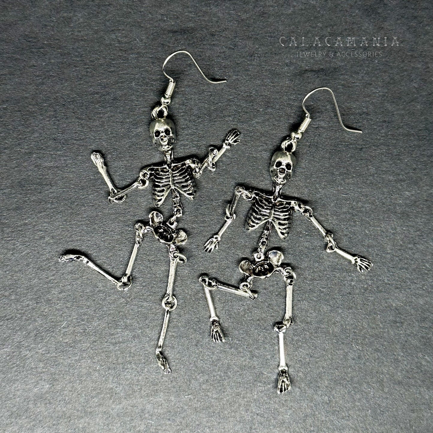 Articulated Skeleton Earrings Silver Metallic Finish Drop Dangle Skull Jewelry Halloween Day of the Dead Fashion Woman Girl Aretes Esqueleto