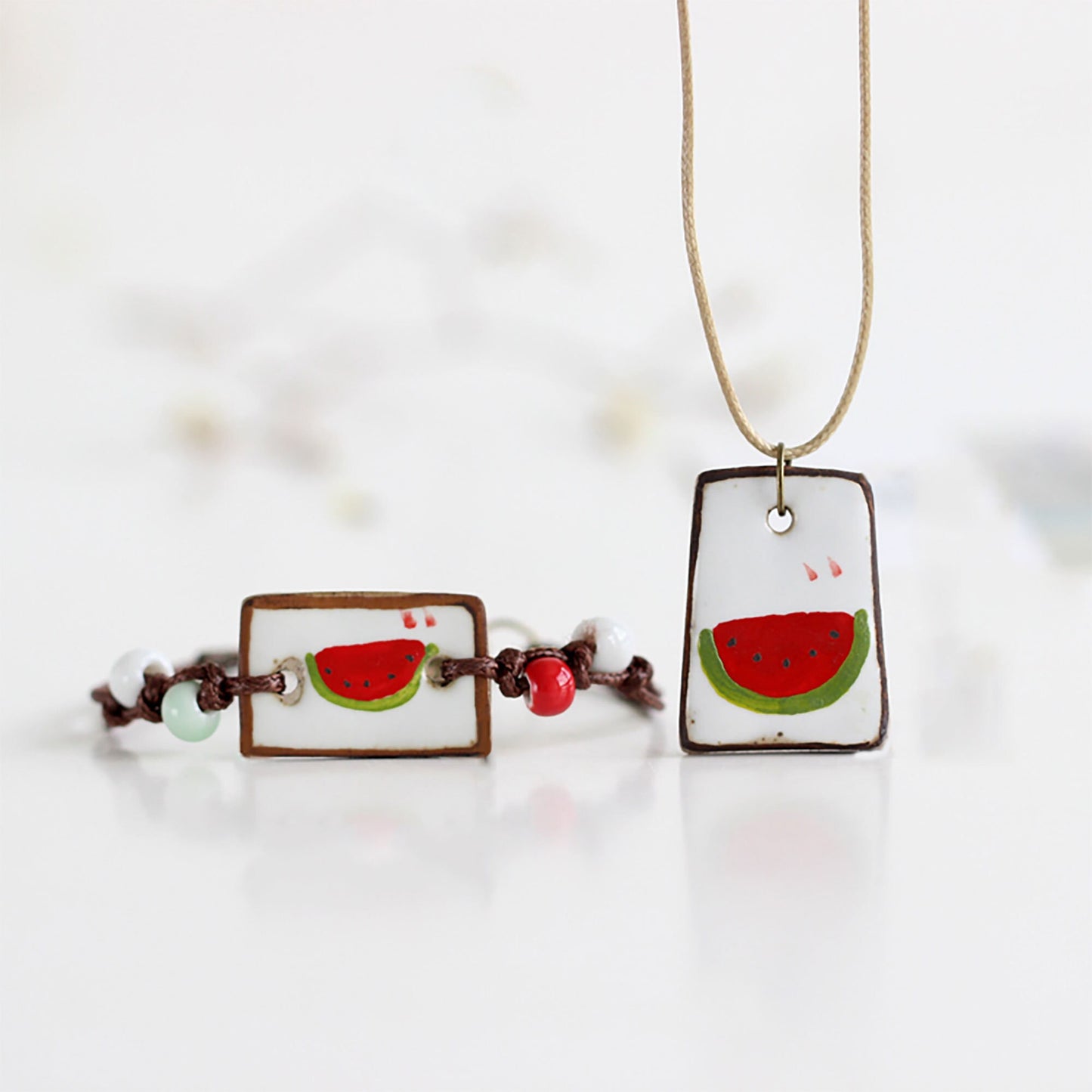 Watermelon Ceramic Wristband Necklace-Pendant Set Clay Jewelry Gorgeous Summer Fashion Girl Outdoor Adventures Friends Sandia Pulsera Collar