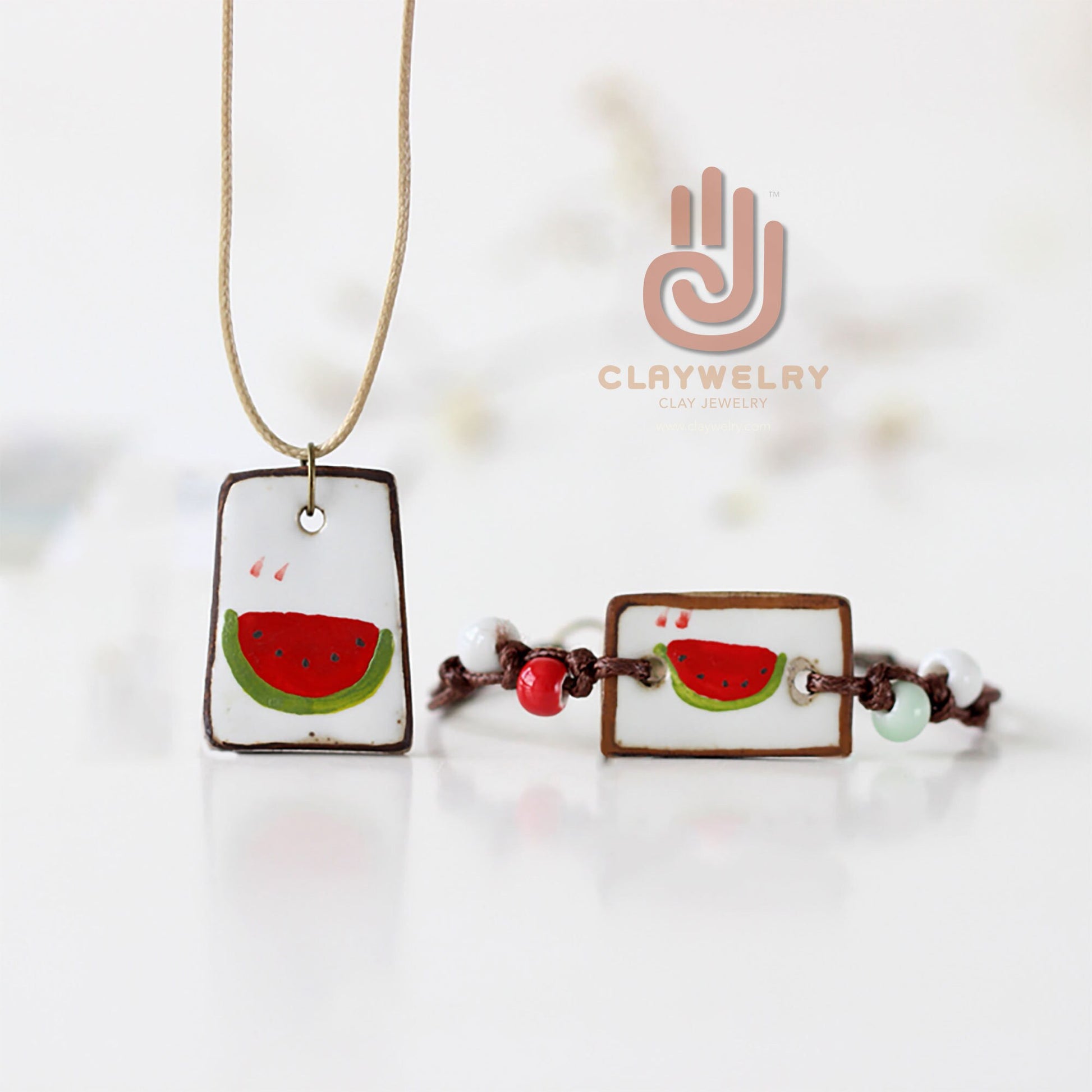 Watermelon Ceramic Wristband Necklace-Pendant Set Clay Jewelry Gorgeous Summer Fashion Girl Outdoor Adventures Friends Sandia Pulsera Collar