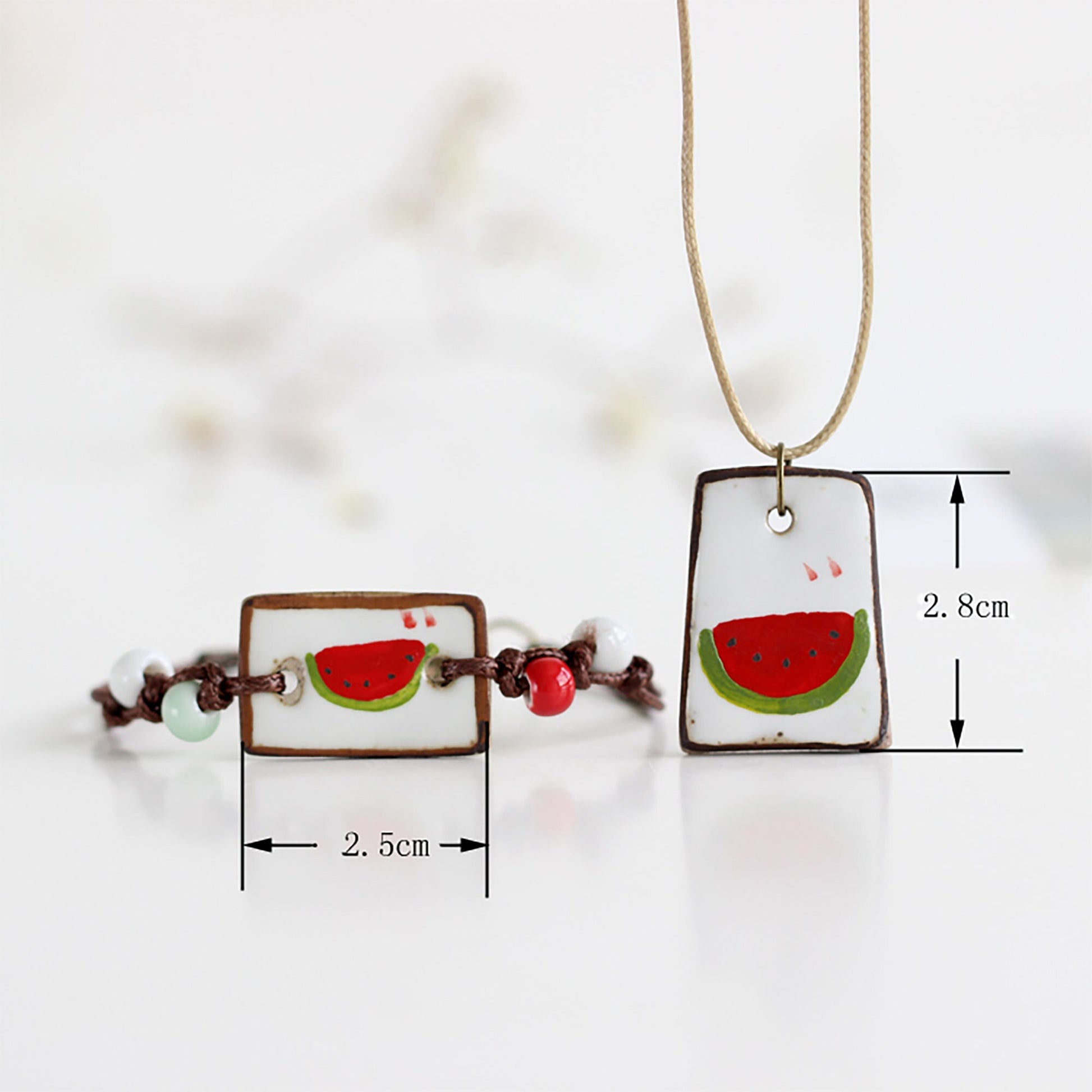 Watermelon Ceramic Wristband Necklace-Pendant Set Clay Jewelry Gorgeous Summer Fashion Girl Outdoor Adventures Friends Sandia Pulsera Collar