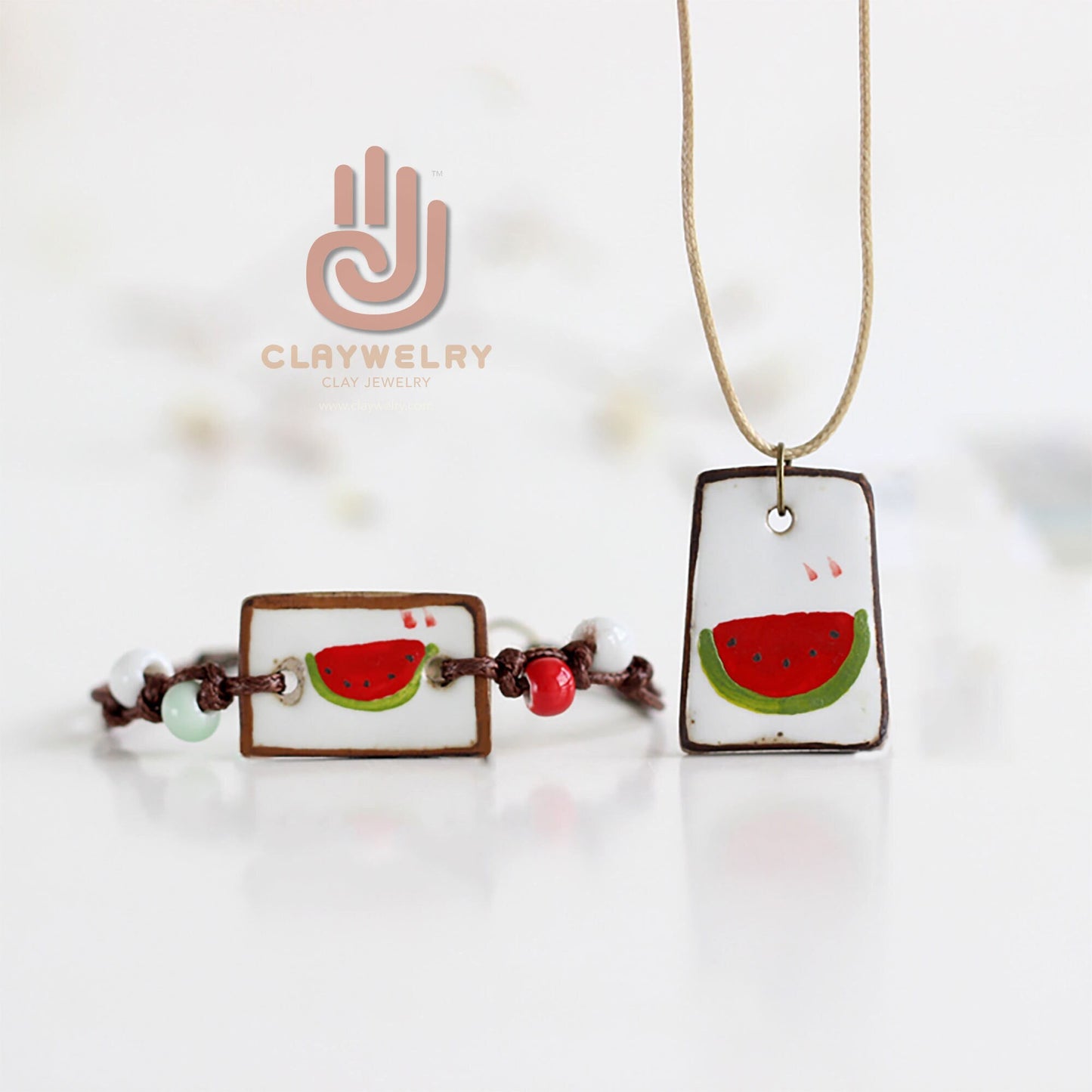 Watermelon Ceramic Wristband Necklace-Pendant Set Clay Jewelry Gorgeous Summer Fashion Girl Outdoor Adventures Friends Sandia Pulsera Collar