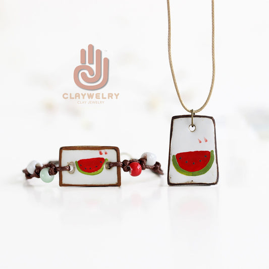 Watermelon Ceramic Wristband Necklace-Pendant Set Clay Jewelry Gorgeous Summer Fashion Girl Outdoor Adventures Friends Sandia Pulsera Collar