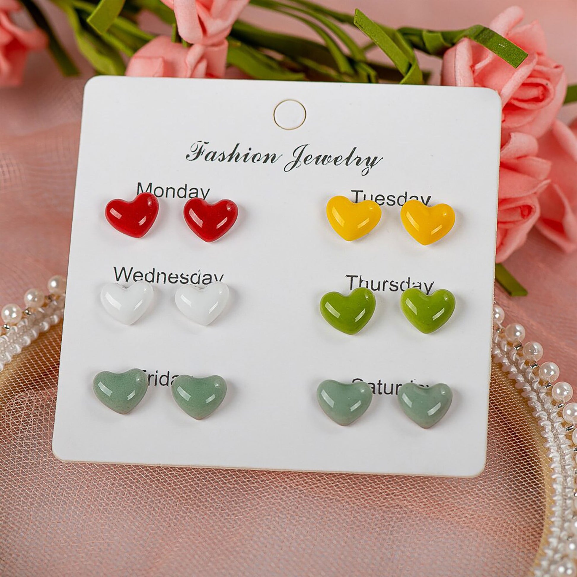 Dainty Heart Earrings Set Multi-Color Ceramic Hearts Clay Studs Mix and Match All Week Fashion Summer Casual Outfit Friends Girls Gift Idea