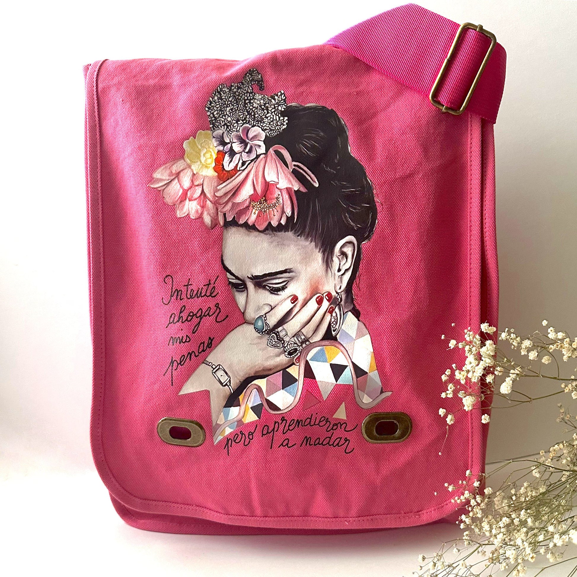 Enchanting Frida Inspired Pink Soft Canvas Crossbody Shoulder Strap Bag Mexican Artist Portrait Woman Girl Casual Fashion Birthday Gift Idea