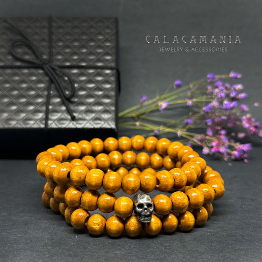 Multi Layer Wooden Bracelet Set Skull Fashion Jewelry Men Wristband Mix and Match Man Casual Outfit Natural Wood Beads Metallic Gothic Skull