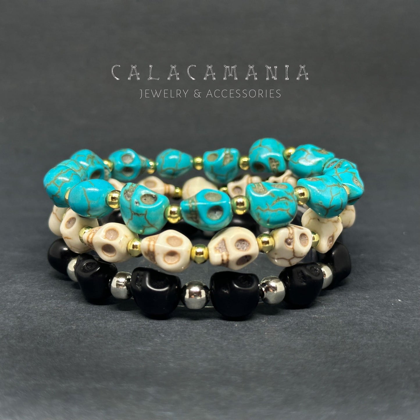 Stretch Turquoise Rustic Skull Beaded Bracelet Skulls Wristband Gold Metallic Tone Beads Unisex Day of the Dead and lloween Fashion Casual