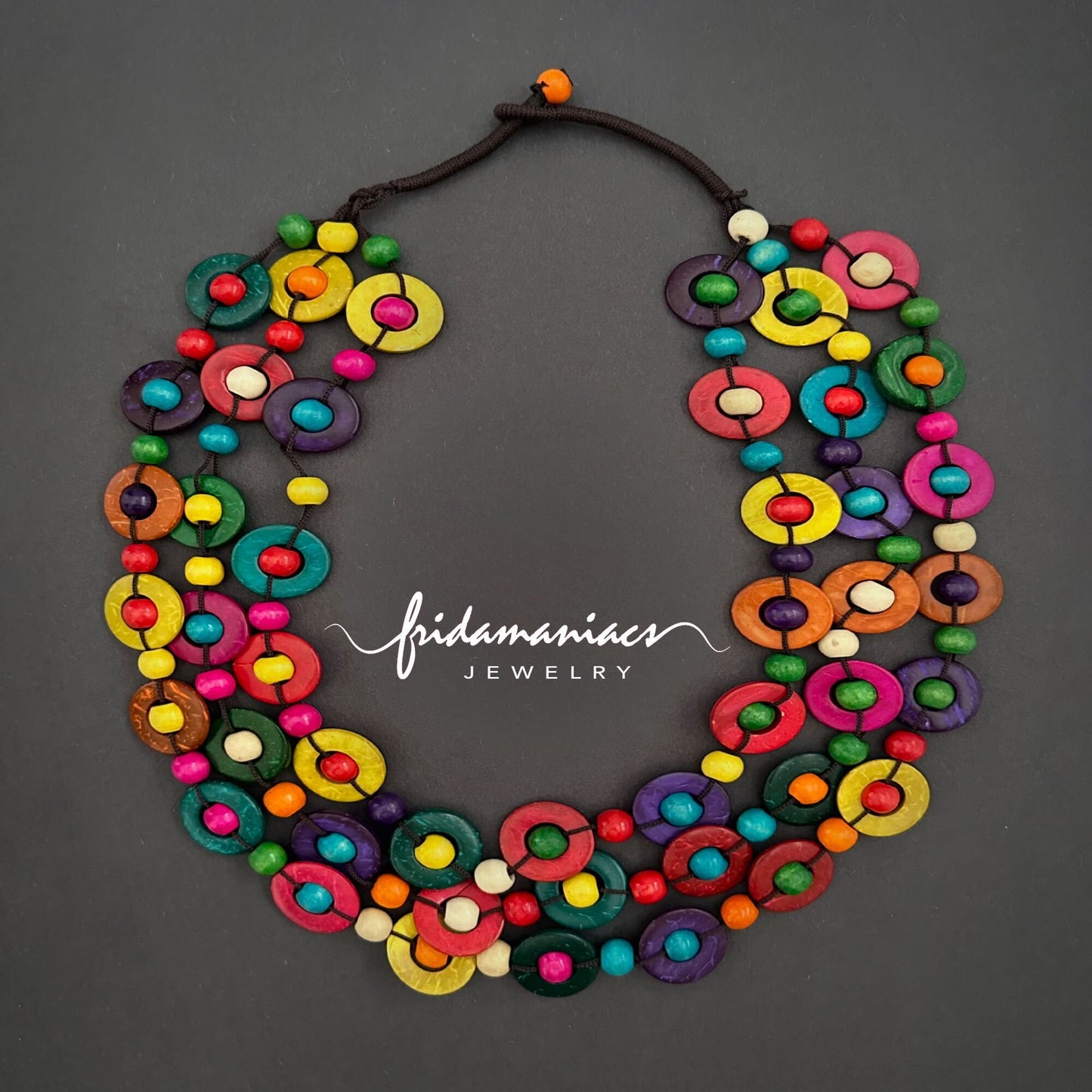 Frida Kahlo inspired multilayered multicolor hand painted coconut shells and round wood beads necklace for her.