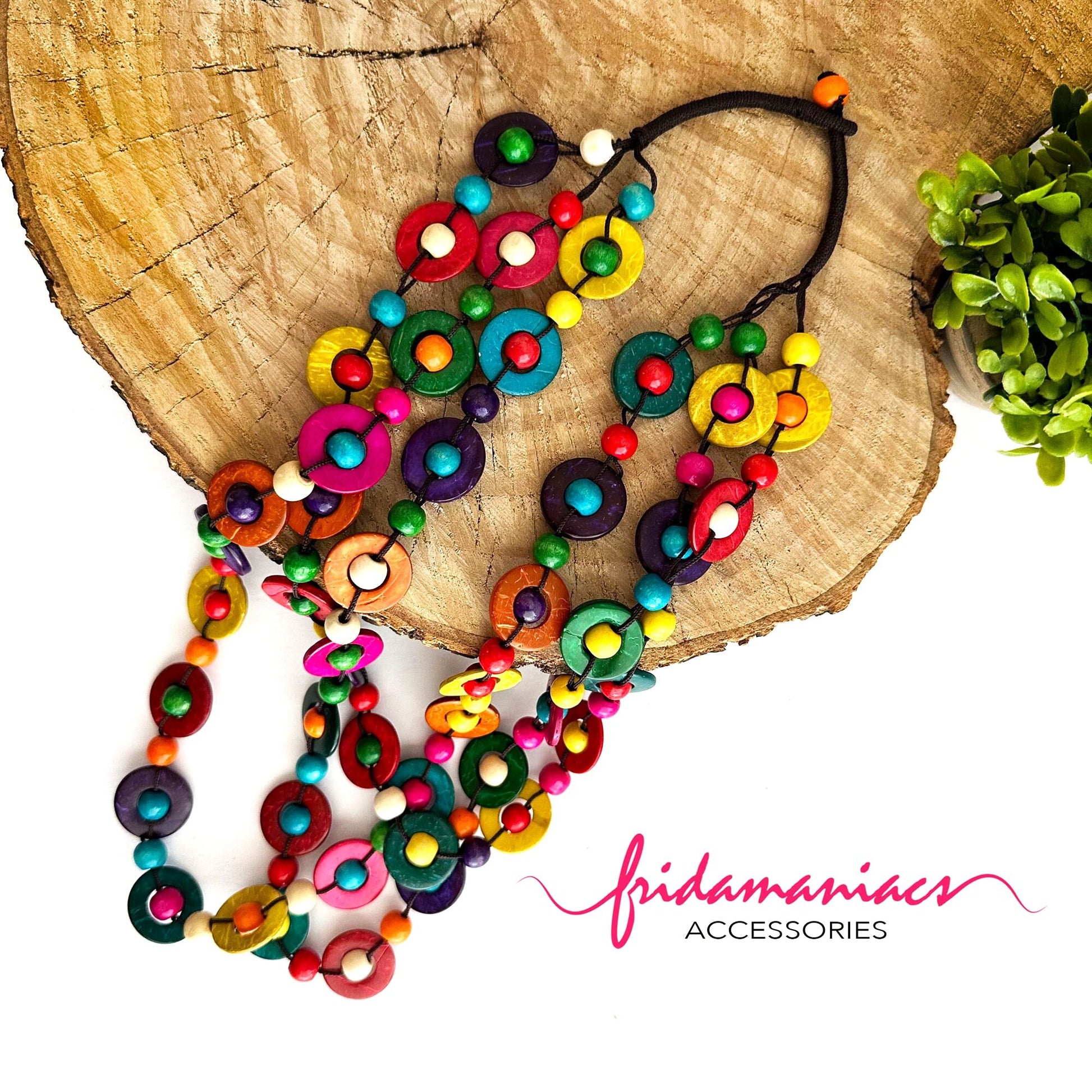 Frida Inspired Necklace Multicolor Multilayered Hand Painted Handcrafted Coconut Shells Wood Beads Mexico Folk Art Jewelry Fashion Bohemian