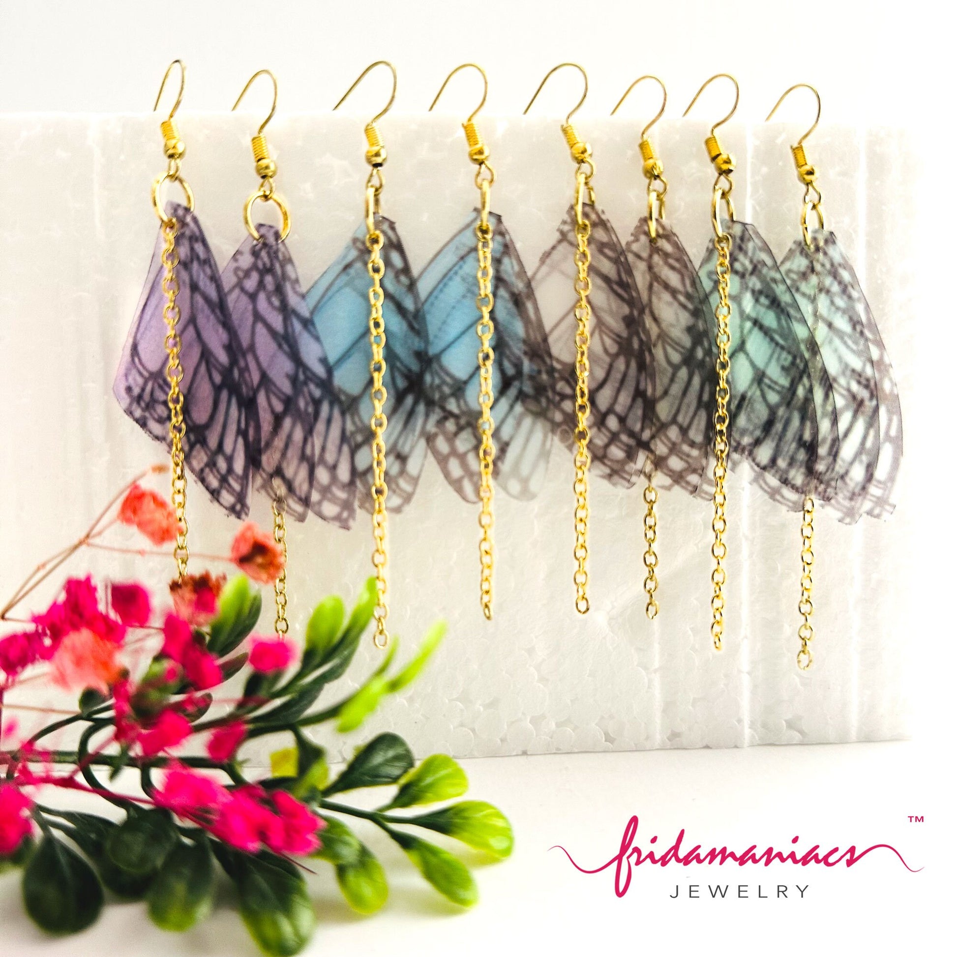 Butterfly Wings Earrings Handcrafted Gold Long Chain Translucid Silk Multi-Colored Butterfly Aretes Mariposa Mexican Jewelry Frida Inspired