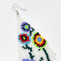 Beaded Mexican earrings Handmade with white, purrple, yellow, red, green and black floral pattern beads. Frida Kahlo inspired jewelry mexico folk art.