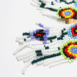Beaded Mexican earrings Handmade with white, purrple, yellow, red, green and black floral pattern beads. Frida Kahlo inspired jewelry mexico folk art.