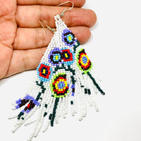 Beaded Mexican earrings Handmade with white, purrple, yellow, red, green and black floral pattern beads. Frida Kahlo inspired jewelry mexico folk art.