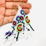 Beaded Mexican earrings Handmade with white, purrple, yellow, red, green and black floral pattern beads. Frida Kahlo inspired jewelry mexico folk art.