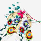 Beaded Mexican earrings Handmade with white, purrple, yellow, red, green and black floral pattern beads. Frida Kahlo inspired jewelry mexico folk art.