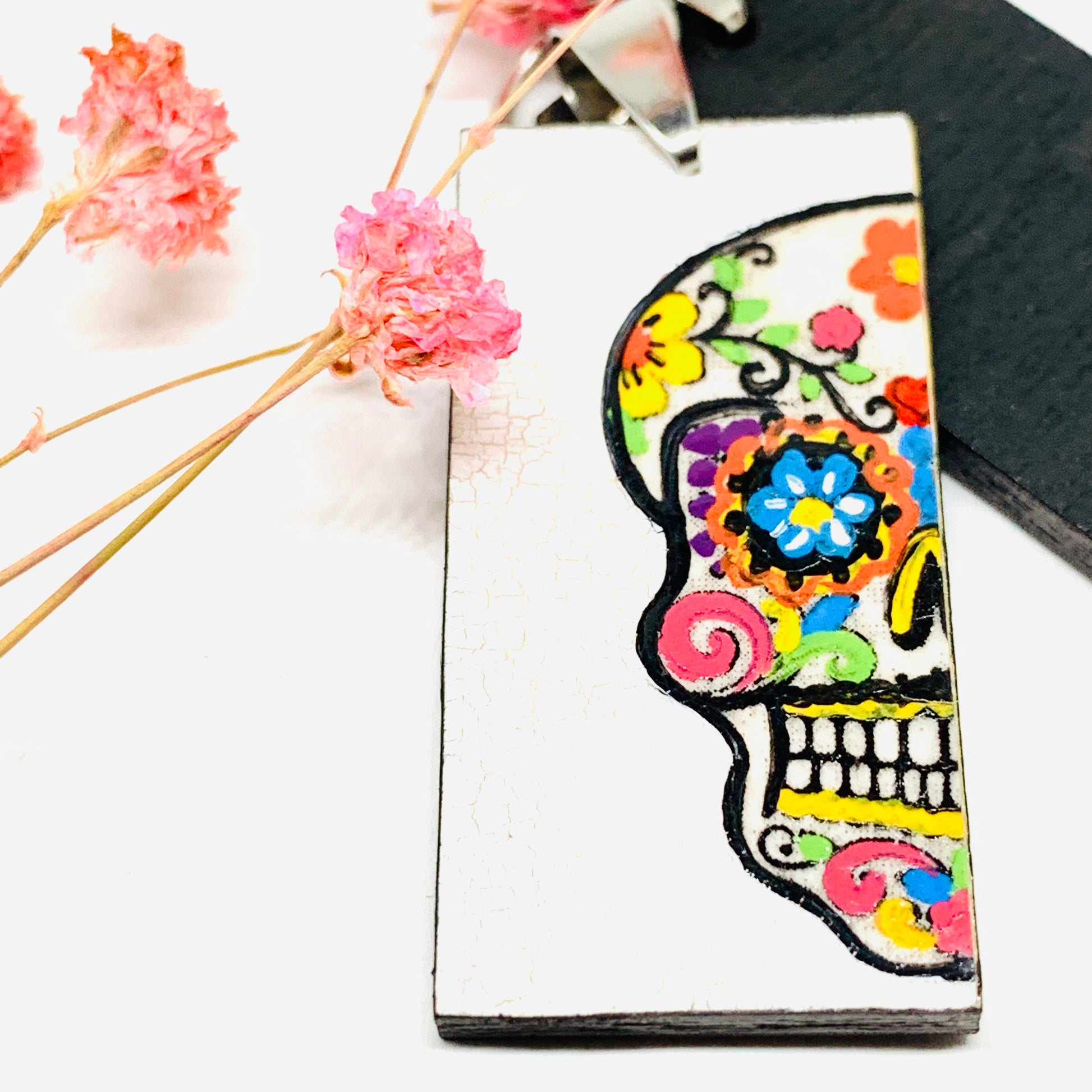 Sugar Skull Earrings Mexican Day of the Dead Jewelry Hand Painted colorful Mexico Folk art to wear. Skull calavera aretes mujer. Joyeria mexicana. Frida Kahlo Wearable Art