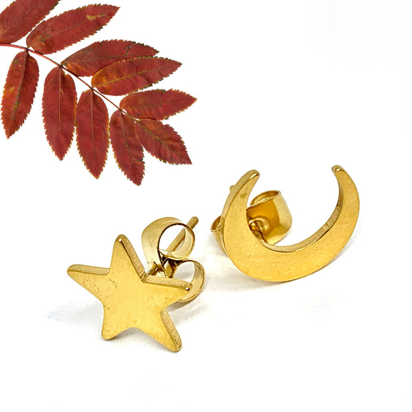 Gold Moon & Star Stud Earrings