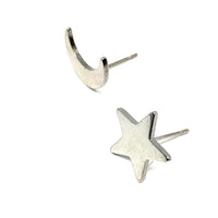 Moon & Star Silver Tone Stud Earrings
