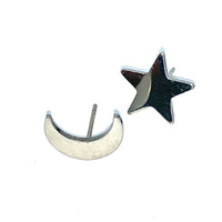 Moon & Star Silver Tone Stud Earrings