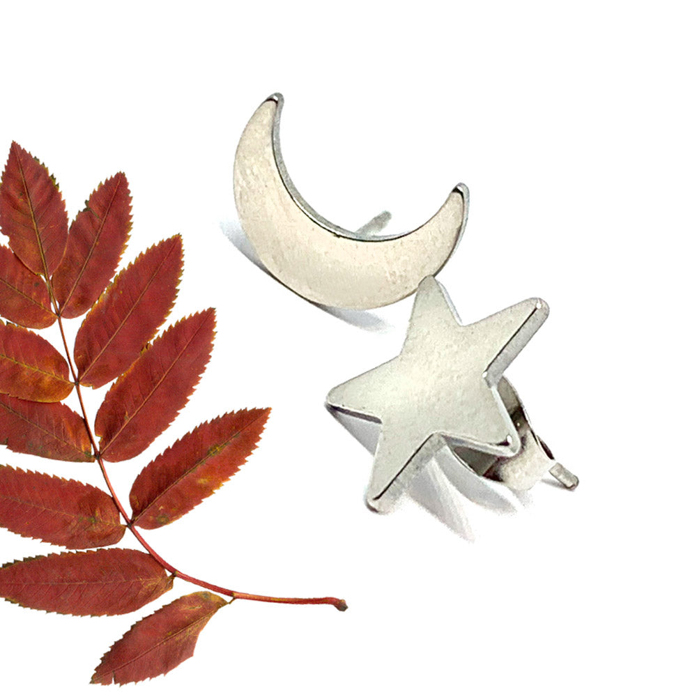Moon and Star Silver Tone Frida Inspired Stud Earrings