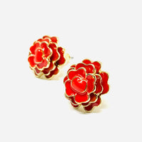 Stud red rose enamel mexican earrings jewelry with multilayered golden edges. Frida Kahlo inspired accessories.