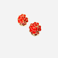 Stud red rose enamel mexican earrings jewelry with multilayered golden edges. Frida Kahlo inspired accessories.