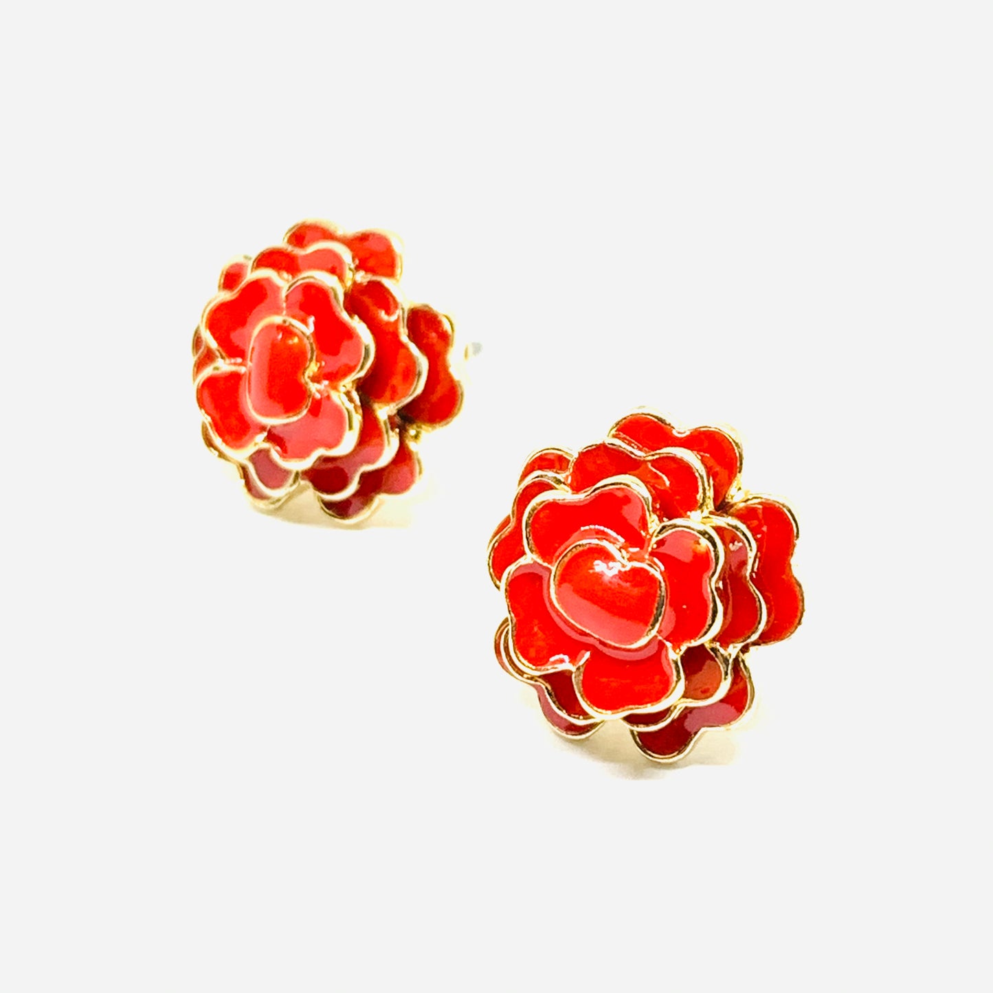 Stud red rose enamel mexican earrings jewelry with golden edges. Frida Kahlo inspired accessories.