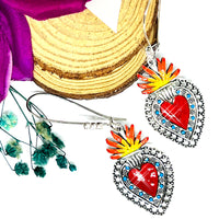 Sacred Heart with Rhinestones Mexican Silver Red Blue Orange and Yellow. Mexico Folk Art Hand Painted Women Girls Gift Summer. Aretes sagrado corazon. Frida Kahlo inspired Jewelry by Fridamaniacs