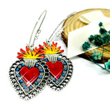 Sacred Heart with Rhinestones Mexican Silver Red Blue Orange and Yellow. Mexico Folk Art Hand Painted Women Girls Gift Summer. Aretes sagrado corazon. Frida Kahlo inspired Jewelry by Fridamaniacs