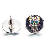 Colorful sugar skull silver stud cabochon earrings. Mexican jewelry. Handmade Mexico folk art accessories. Aretes calavera para mujer. Day of the dead Dia de los Muertos inspired Frida Kahlo