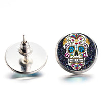 Colorful sugar skull silver stud cabochon earrings. Mexican jewelry. Handmade Mexico folk art accessories. Aretes calavera para mujer. Day of the dead Dia de los Muertos inspired Frida Kahlo